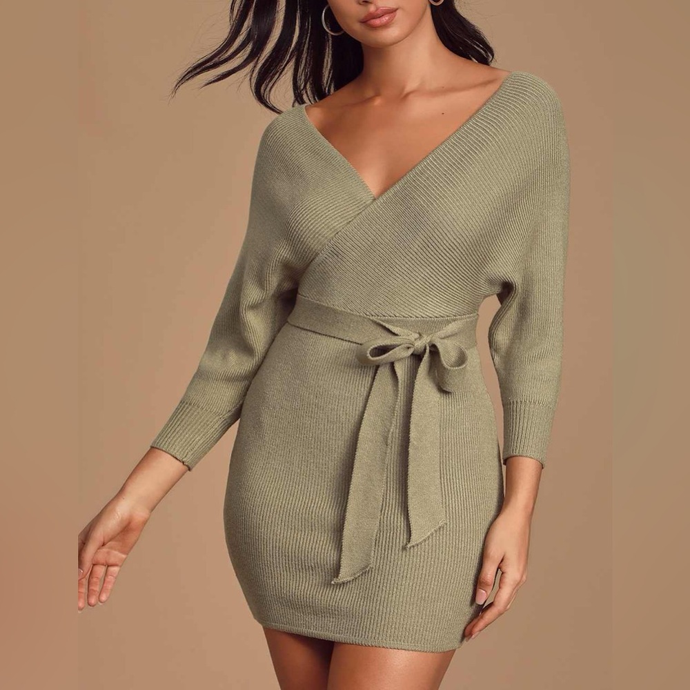 Lulus Women’s Modena Sage Green Dolman Sleeve Bodycon Sweater Dress